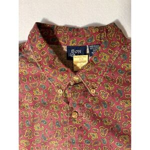Bon Homme Mens 1XB Paisley Button Down Shirt Sand Washed Cotton Burgundy Vintage
